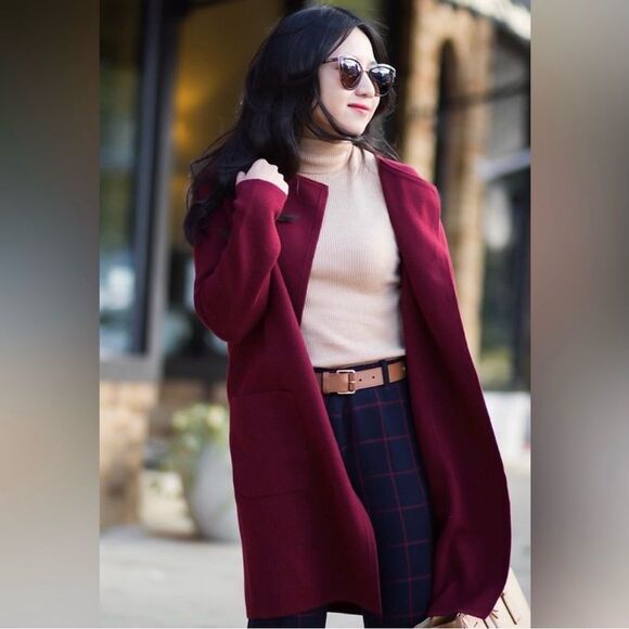 J Crew Juliette Burgundy Collarless Long Open Cardigan Blazer Merino blend - Picture 6 of 7